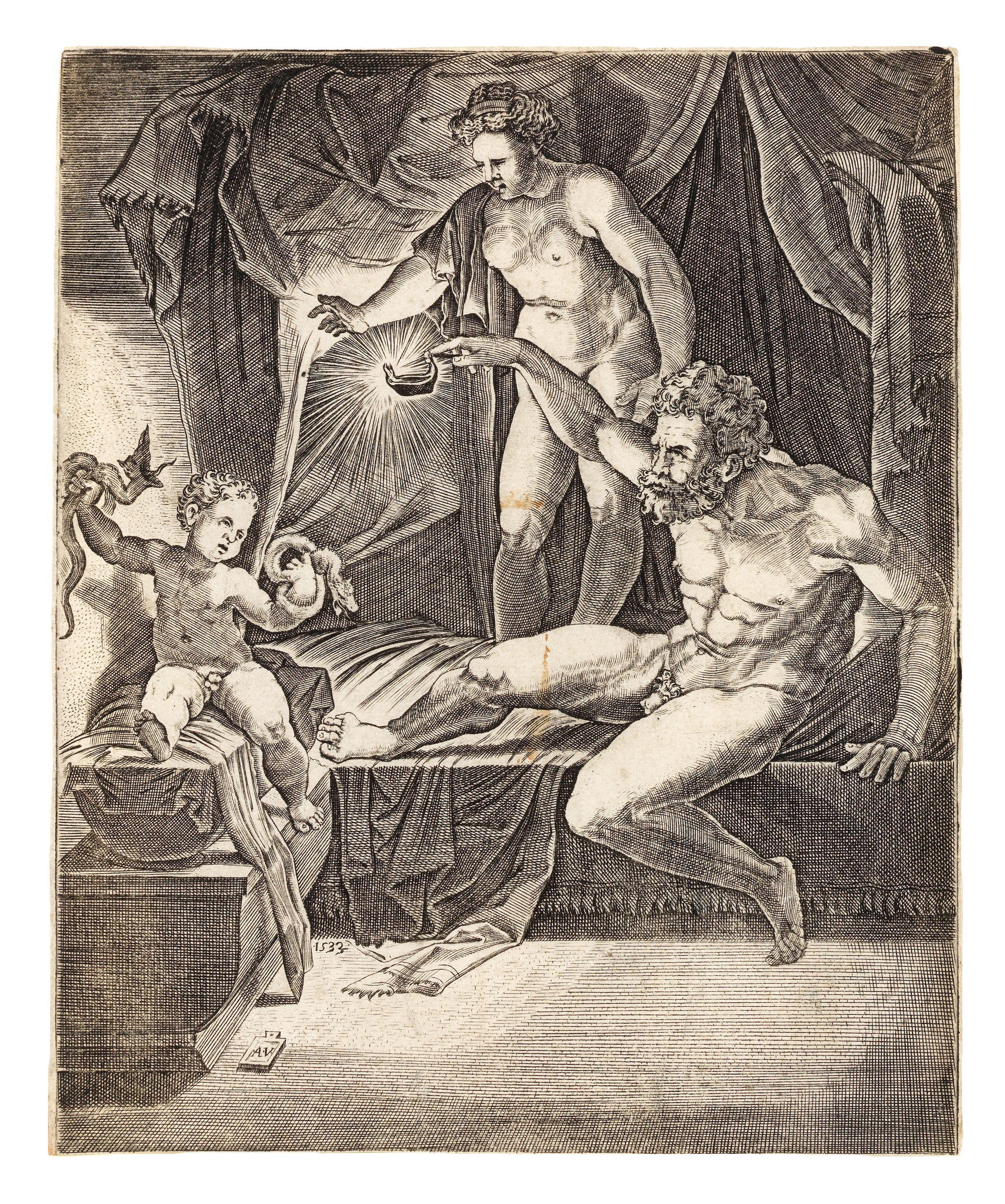 Agostino Veneziano - The Young Hercules In His Cradle Strangling Snakes