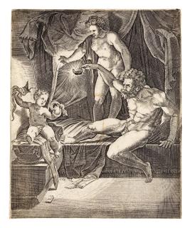 Agostino Veneziano - The Young Hercules In His Cradle Strangling Snakes