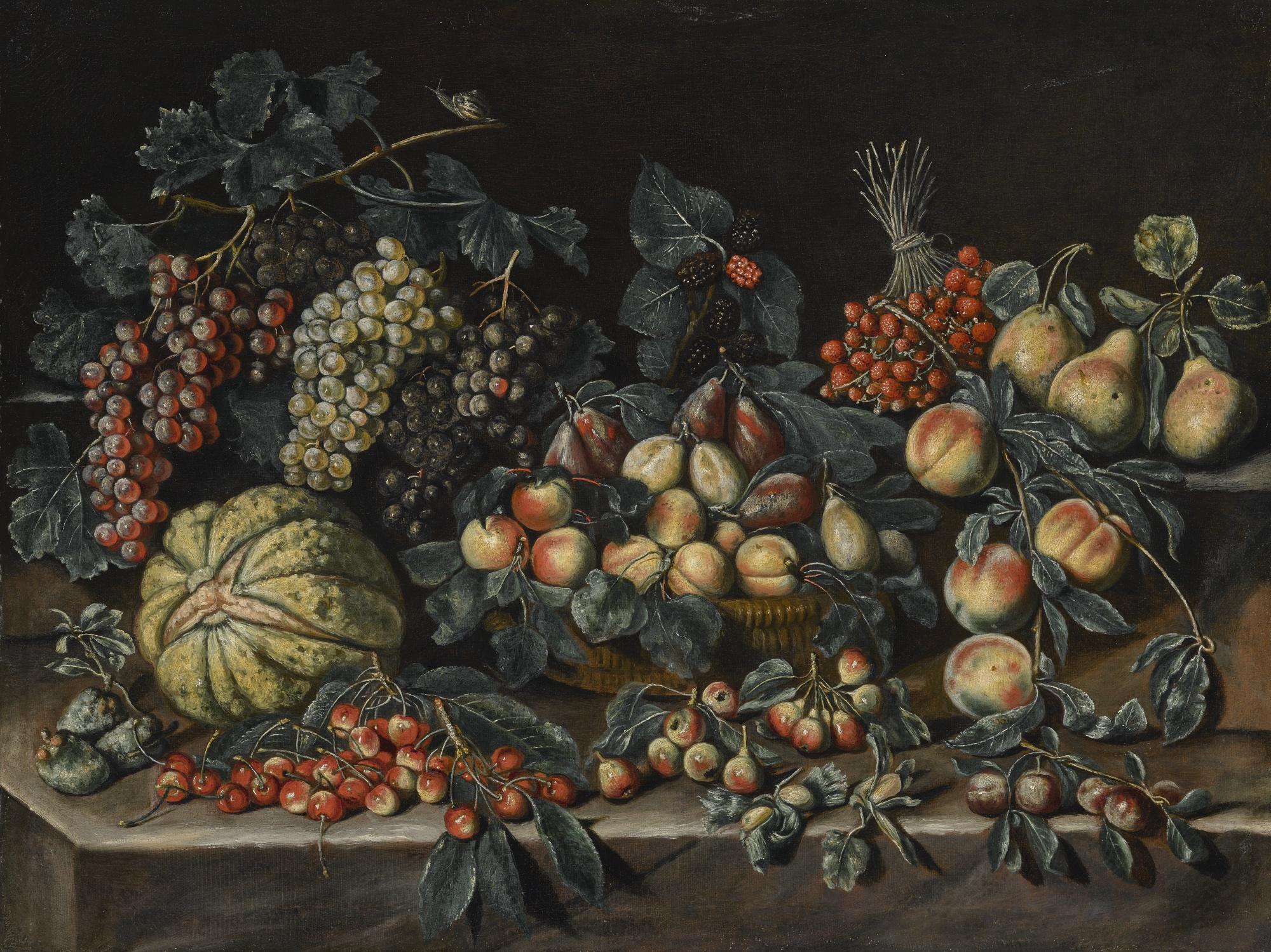 Agostino Verrocchio - Still Life With Grapes, Melon, Peaches, Apricots, Prunes, Strawberry Trees And Berries.