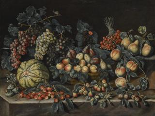 Agostino Verrocchio - Still Life With Grapes, Melon, Peaches, Apricots, Prunes, Strawberry Trees And Berries.