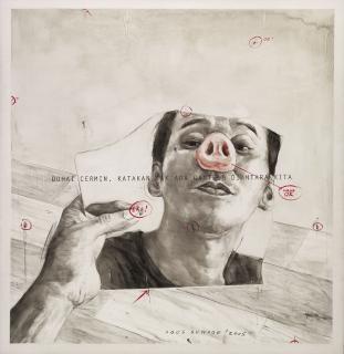 Agus Suwage - Duhai Cermin Katakan Tak Ada Ganteng di antara Kita (Mirror, mirror...we are as handsome as each other) signed and dated \'AGUS SUWAGE \'2005\'\' (lower center)