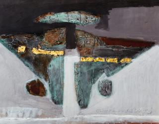 Ahmad Sadali - Latar Abu-Abu Goresan Emas (Gray Background With Gold Strokes)