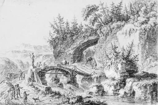 Aignan-Thomas Desfriches - An Extensive Mountainous Landscape With Pilgrims On A Bridge
