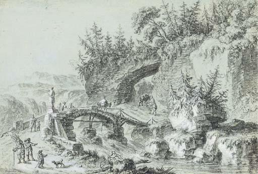 Aignan-Thomas Desfriches - Un Paysage Montagneux Avec Une Rivière Et Des Promeneurs Traversant Un Pont