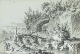 Aignan-Thomas Desfriches - Un Paysage Montagneux Avec Une Rivière Et Des Promeneurs Traversant Un Pont