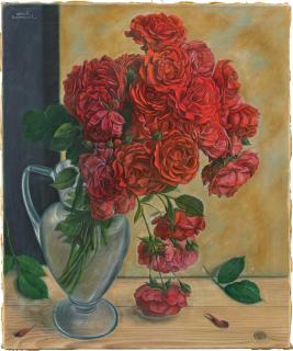 Aimé Barraud - Blumenstillleben mit roten Rosen und Glasvase