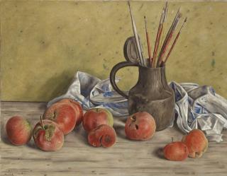 Aime Barraud - Nature Morte Aux Pommes, Aux Pinceaux Et Au Pichet