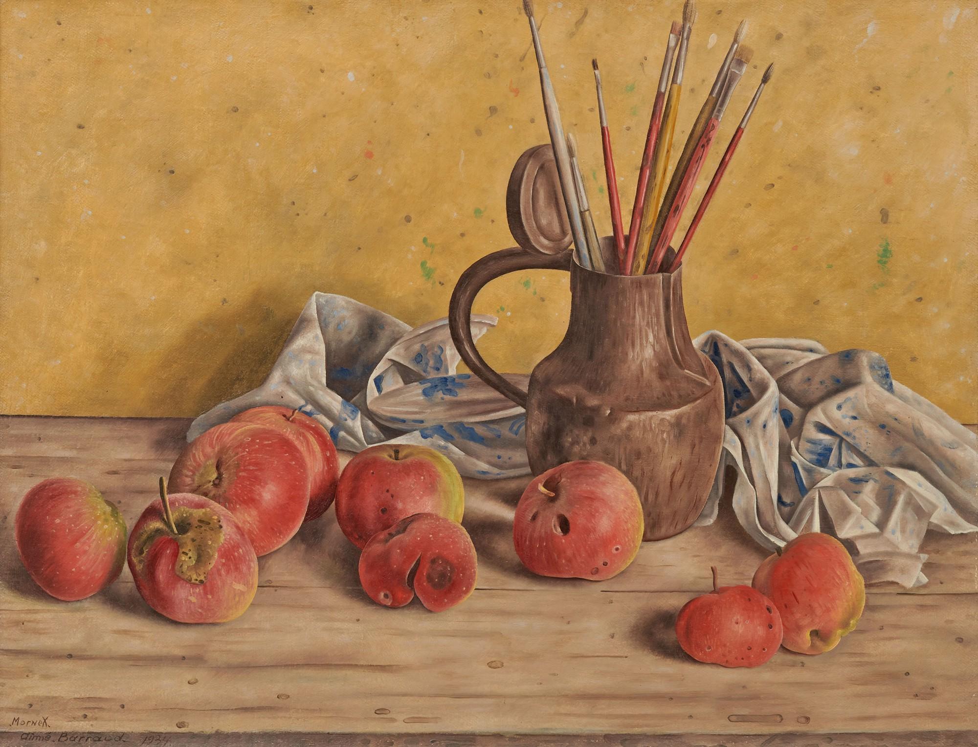 Aime Barraud - Nature Morte Aux Pommes, Aux Pinceaux Et Au Pichet