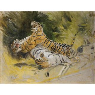 Aimé-Nicolas Morot - Deux Tigres Combattantaimé-Nicolas Morot ; Two Tigers Fighting ; Bears The Studio Stamp Twice, Lower Right And Lower Left ; Oil On Canvas ;Unframed