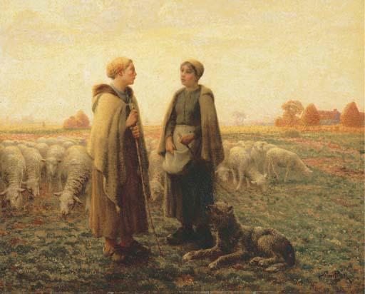 Aimé Perret - Two Shepherdesses with a Dog