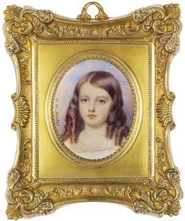 Aimée-Zoé-Lizinka De Mirbel - A young girl, in lace-bordered white muslin shift, her chestnut coloured hair dressed in ringlets; sunset background