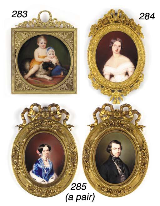 Aimée-Zoé-Lizinka De Mirbel - A young lady, facing right in off-the-shoulder lace-bordered white dress, her centre-parted dark hair upswept