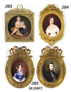 Aimée-Zoé-Lizinka De Mirbel - A young lady, facing right in off-the-shoulder lace-bordered white dress, her centre-parted dark hair upswept