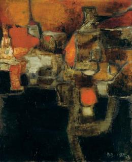 Akbar Padamsee - Village aux Quatre Maisons Oranges