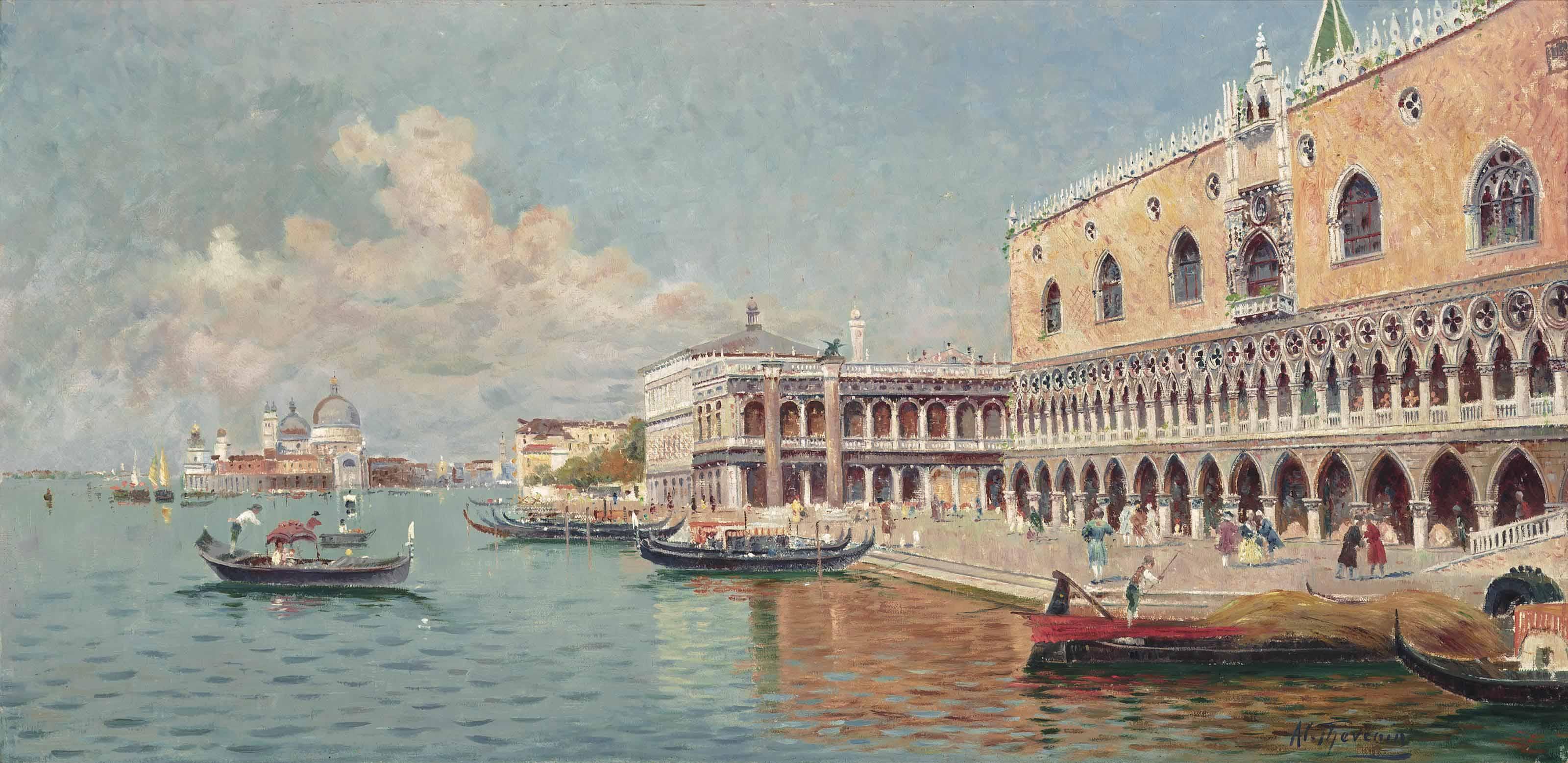 Al. Thevenin - Gondolas outside St Marks\' Square, Santa Maria della salute beyond