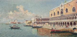 Al. Thevenin - Gondolas outside St Marks\' Square, Santa Maria della salute beyond