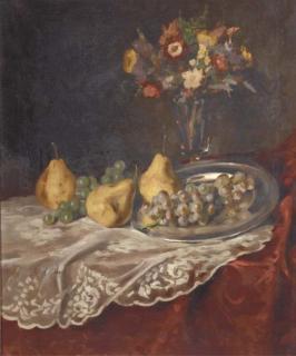 Aladar Edvi Illes - Grapes, Pears And A Silver Salver Before A Vase Of Flowers On A Draped Table