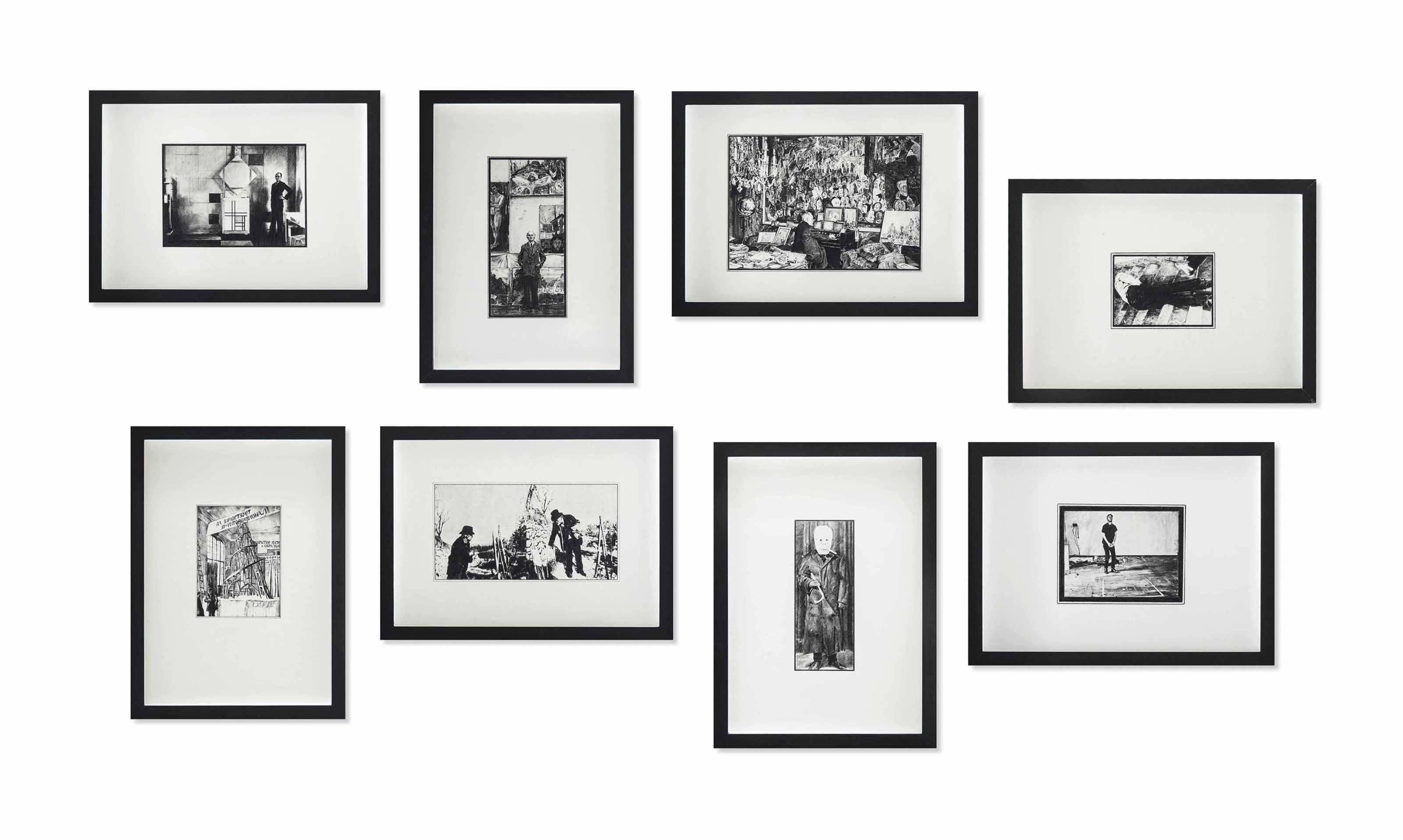 Alan Brooks - (i) Mondrian in his Paris studio  (ii) Munch in his studio  (iii) Tatlin in his studio  (iv) Cezanne  (v) James Ensor seated in front of \'Christ\'s Entry into Brussels\'   (vi) Chris Burden (Kick Piece)  (vii) Otto Dix in his studio  (viii) Bruce Nauman