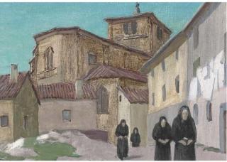 Alan Stenhouse Gourley, P.R.O.I. - A mediterranean village with an extensive landscape beyond; Monks outside a monastery; Figures beside a village stream; and At Tetouan market, Morocco