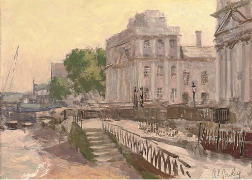 Alan Stenhouse Gourley, P.R.O.I. - Gondolas before the Santa Maria della Salute, Venice; Steps down to the shore; A boat moored in the harbour; and Two boats at low tide