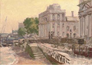 Alan Stenhouse Gourley, P.R.O.I. - Gondolas before the Santa Maria della Salute, Venice; Steps down to the shore; A boat moored in the harbour; and Two boats at low tide