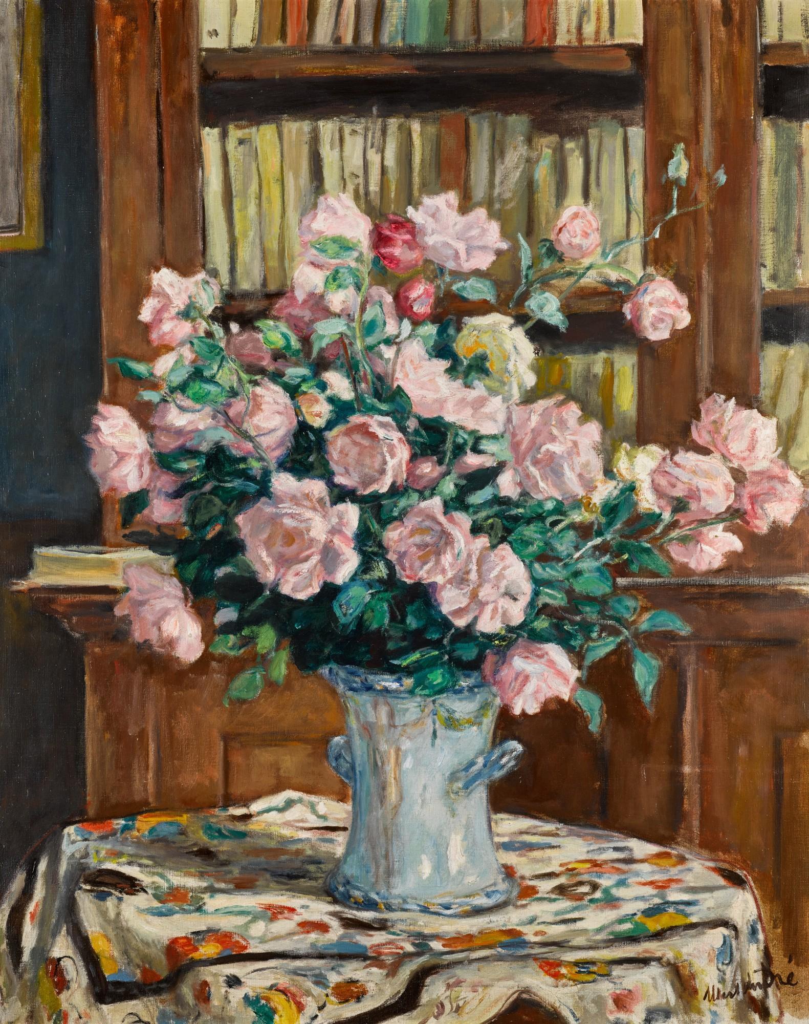 Albert André - Bouquet de Roses devant une Bibliothèque