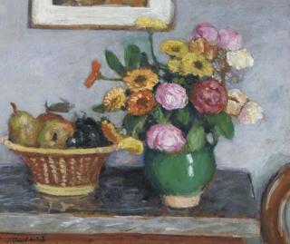 Albert André - Corbeille de fruits, vase de fleurs