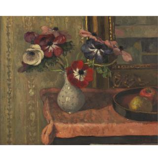 Albert André - Nature Morte: Vase De Fleurs Et Fruits Sur Une Table