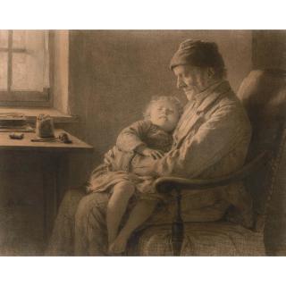 Albert Anker - Grossvater Mit Schlafender Enkelin Grandfather With Sleeping Granddaughter