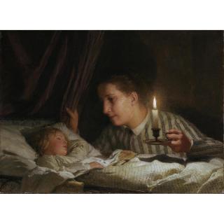 Albert Anker - Junge Mutter, Bei Kerzenlicht Ihr Schlafendes Kind Betrachtend Young Mother Watching Her Sleeping Child By The Candlelight