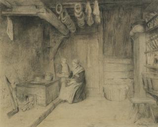 Albert Anker - Kücheninterieur Mit Grossmutter Und Kind