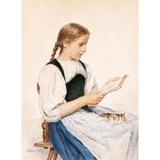 Albert Anker - Lesendes Mädchen Mit Kätzchen, 1904 Reading Girl With Kitten, 1904  
