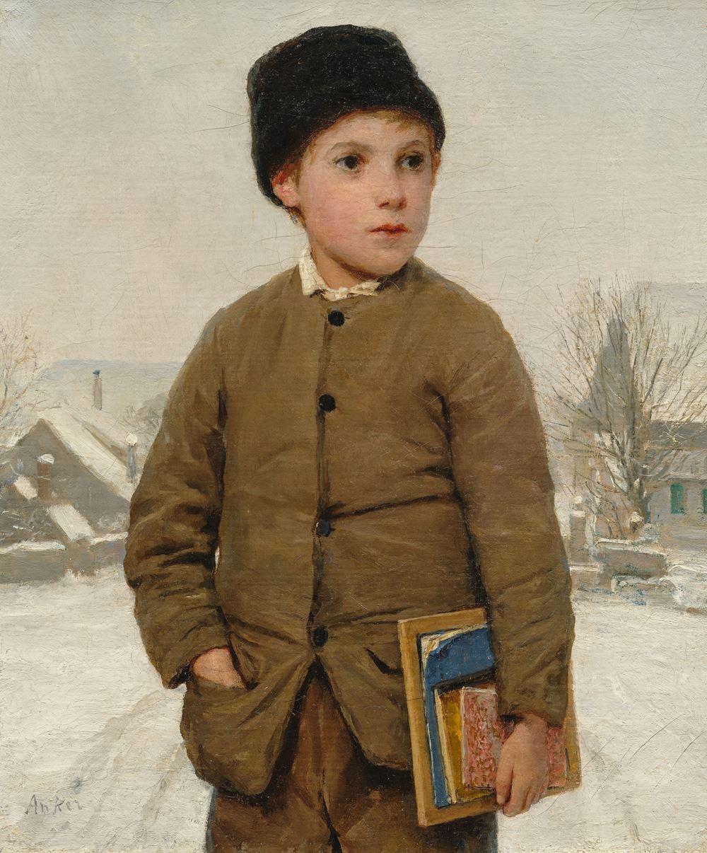 Albert Anker - Schulknabe mit Pelzmütze in Schneelandschaft. 1877.