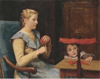 Albert Anker - Vreneli Stucki am Haspel und Kind, um 1900