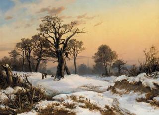 Albert August Zimmerman - Faggot gatherers returning home in a snowy landscape