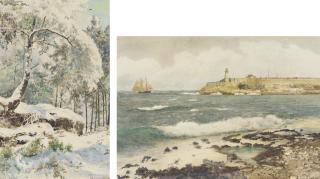 Albert Benois - A lighthouse from a beach; and A snow-covered tree