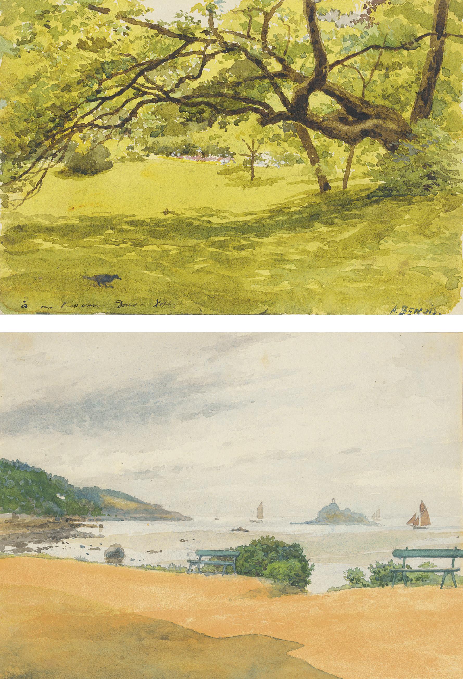 Albert Benois - An arched bough in a garden; and Benches overlooking the coast