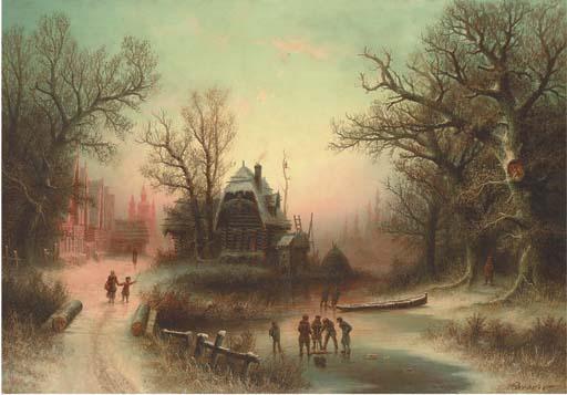 Albert Bredow - Figures in a winter landscape