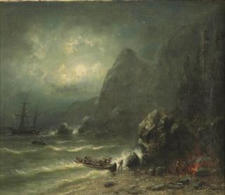 Albert Bredow - Unloading a ship on a seashore by moonlight