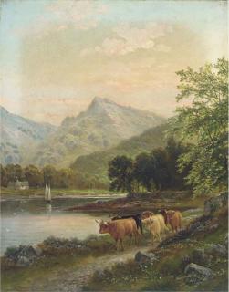 Albert Dunington - Highland cattle by a river, near Brodick, Arran; and On the slopes of Ben Venue