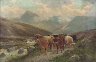 Albert Dunington - Highland cattle by the Beauly river, Invernesshire; and Highland cattle near Dunkelt