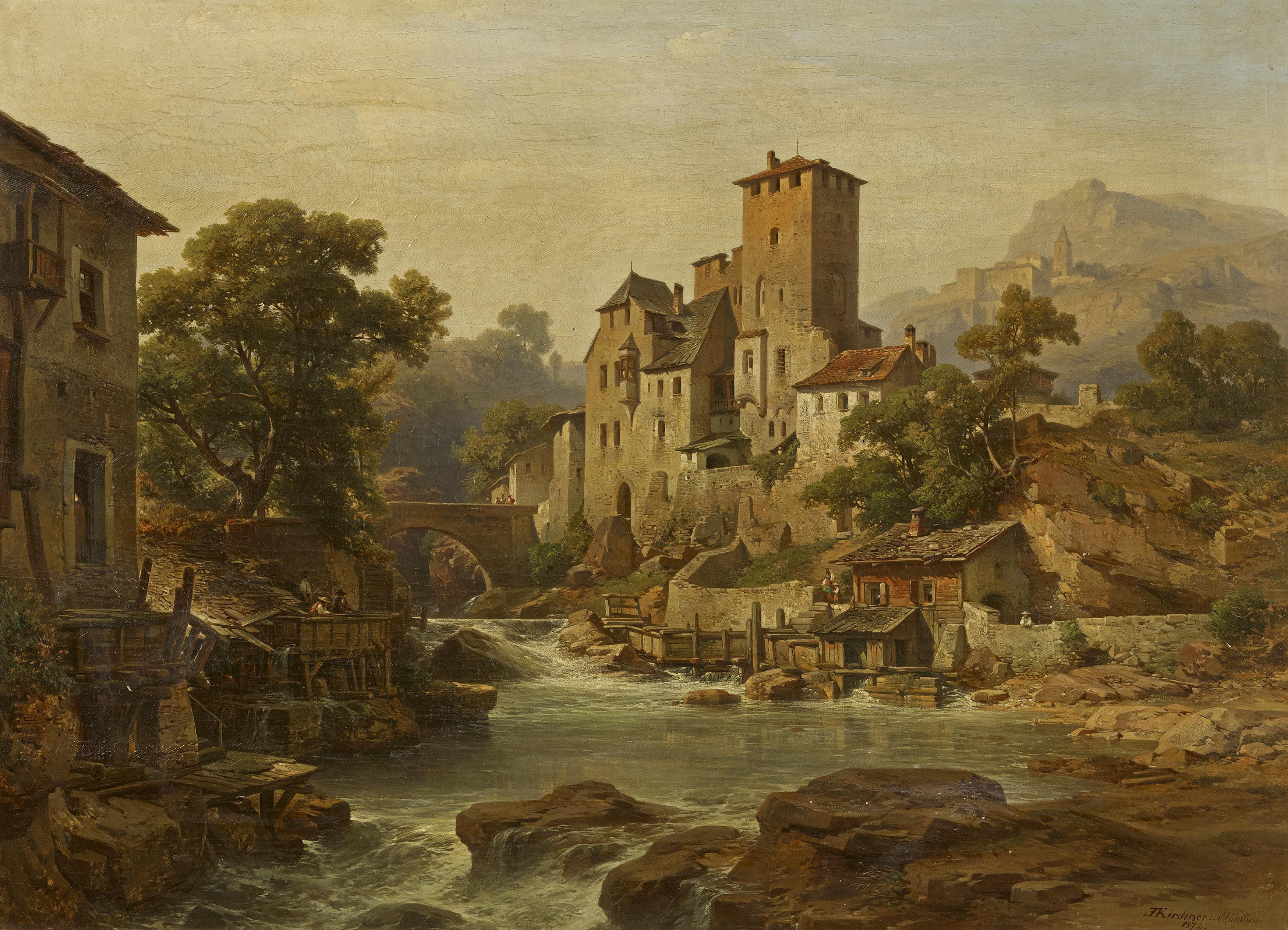 Albert Emil Kirchner - Partie in einem Tiroler Gebirgstal mit Wassermühle und Schloss.