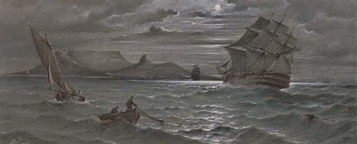 Albert Ernest Markes - A Royal Naval two-decker heeling in the breeze as she approaches her landfall at Cape Town