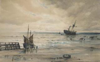 Albert Ernest Markes - A wrecked three-master on the sands with the local inhabitants salvaging what they can