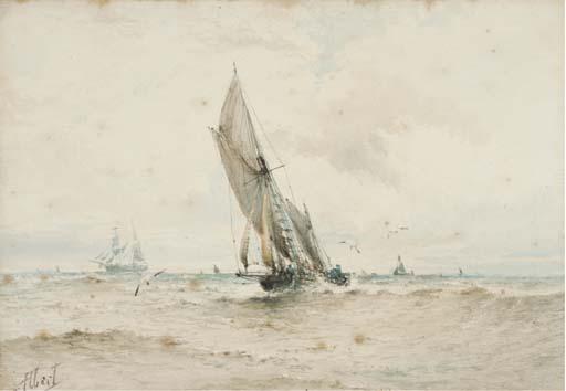 Albert Ernest Markes - On the crest of a wave;  and A brig at anchor, offshore, drying her sails