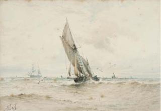 Albert Ernest Markes - On the crest of a wave;  and A brig at anchor, offshore, drying her sails