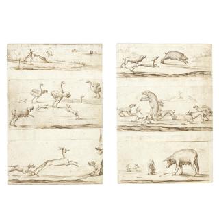 Albert Flamen - Six Sketchbook Pages Of Studies Of Animals And Hunting, Presented As Two Sheets