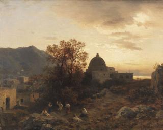 Albert Flamm - Abendstimmung an der italienischen Küste mit tanzenden Figuren