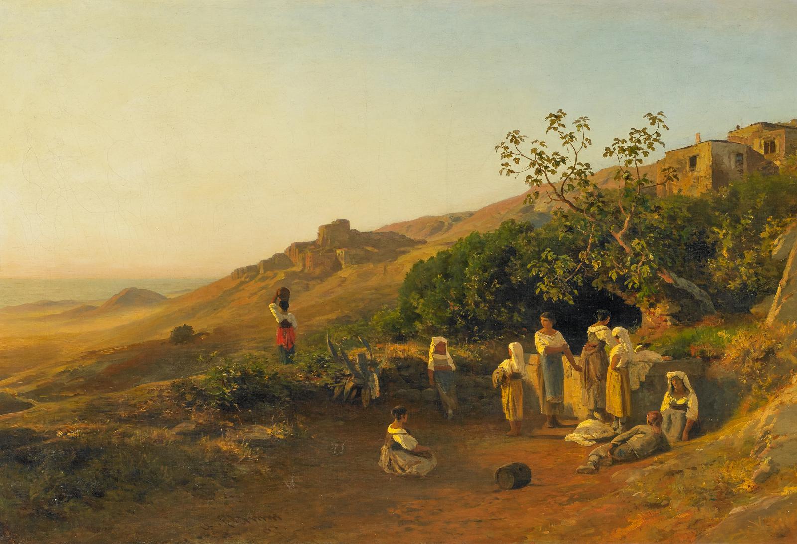 Albert Flamm - Italienische Abendstimmung mit Wäscherinnen am Brunnen.
