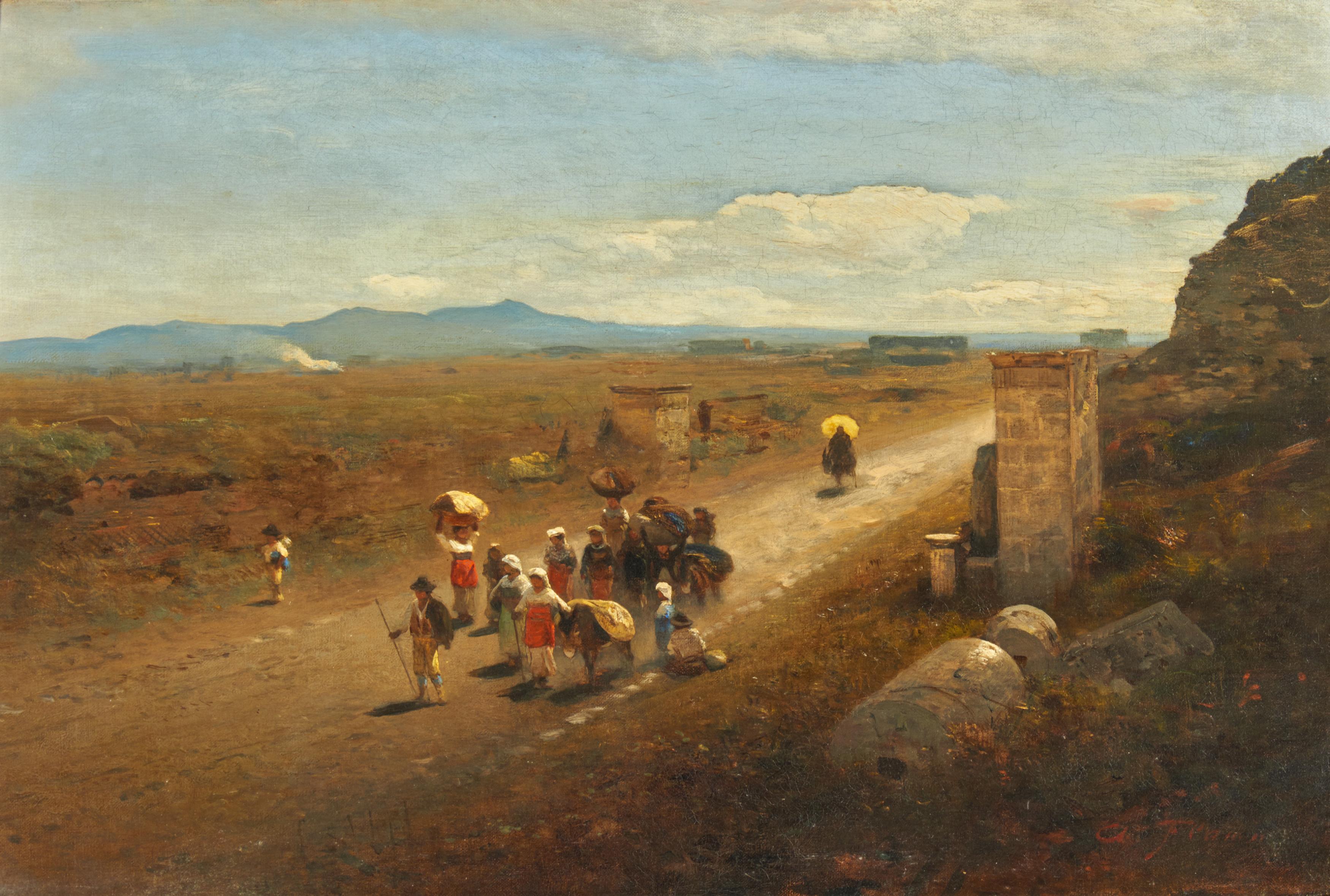 Albert Flamm - Weite Campagnalandschaft mit Personen auf dem Weg.